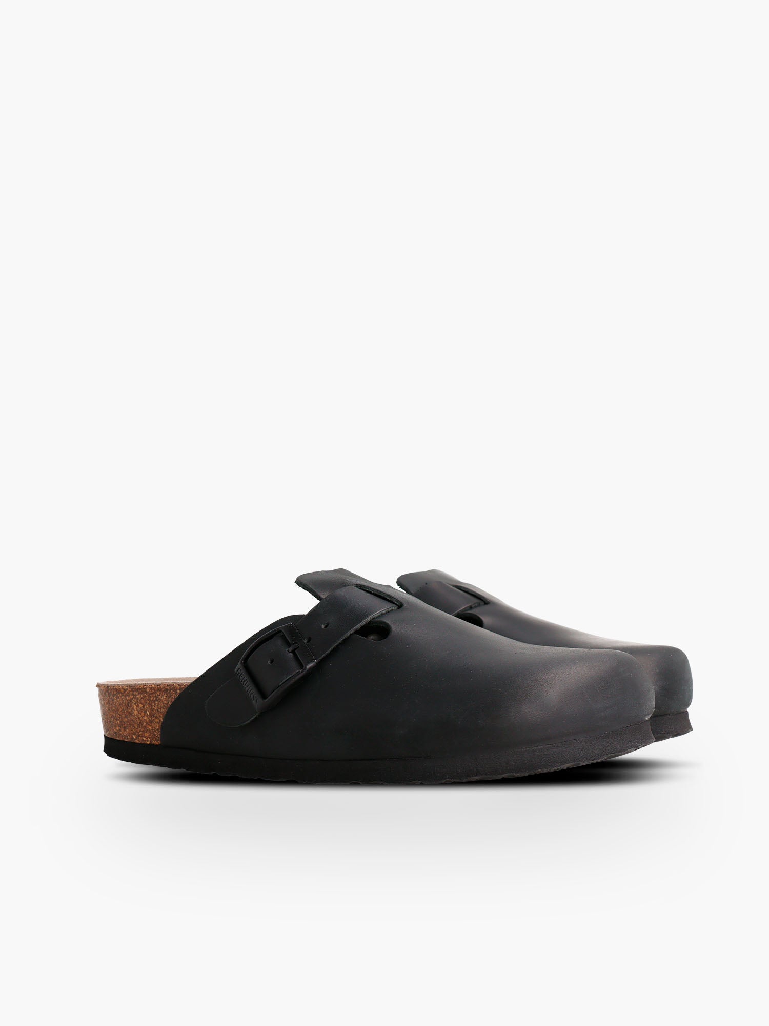  Zueco Genuins Riva de piel engrasada color negro con planta anatómica de caucho corcho y hebilla ajustable metálica para hombre en vista lateral doble