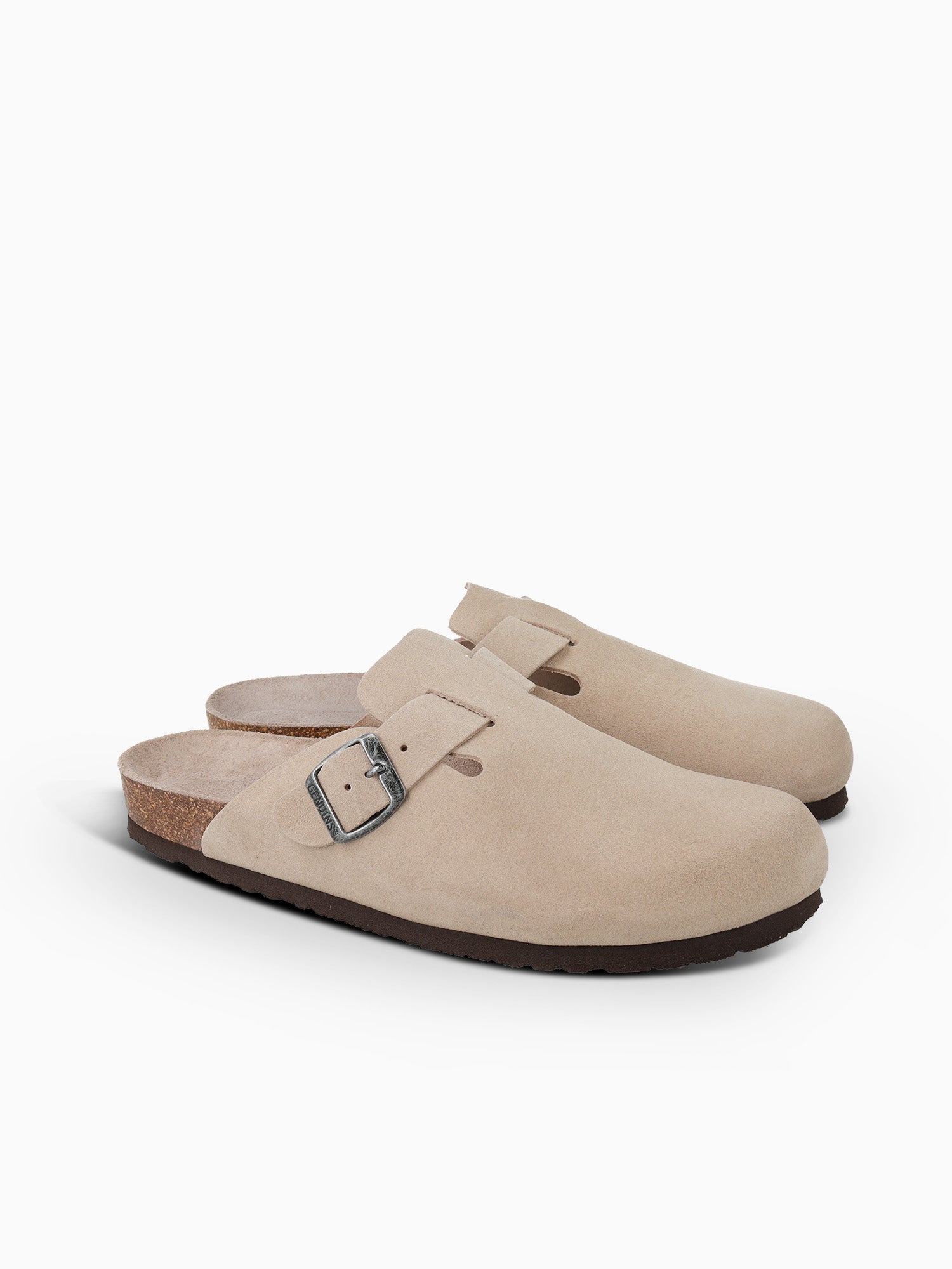 Zueco Genuins Riva  de piel serraje color taupe con planta anatómica de caucho corcho y hebilla ajustable metálica para hombre vista lateral doble